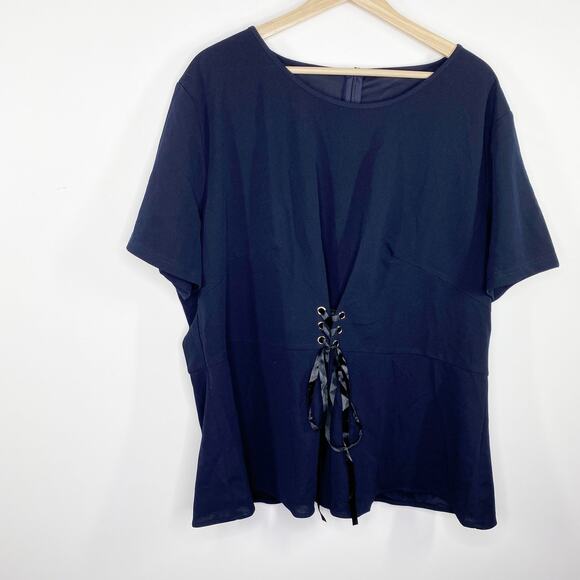 Navy Blue Short Sleeve Lace-Up Tie Neck Shirt Women's Plus Size 3X - Picture 1 of 6